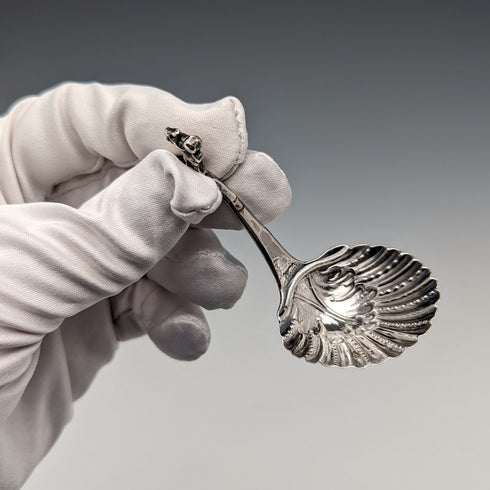 Circa 1890 Swiss antique sterling silver tea caddy spoon with shell and angel decoration